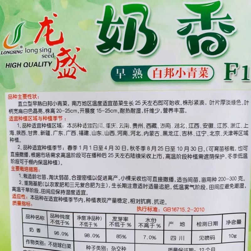 新品种奶香白邦小青菜种子直立型早熟小白菜种子纤维少