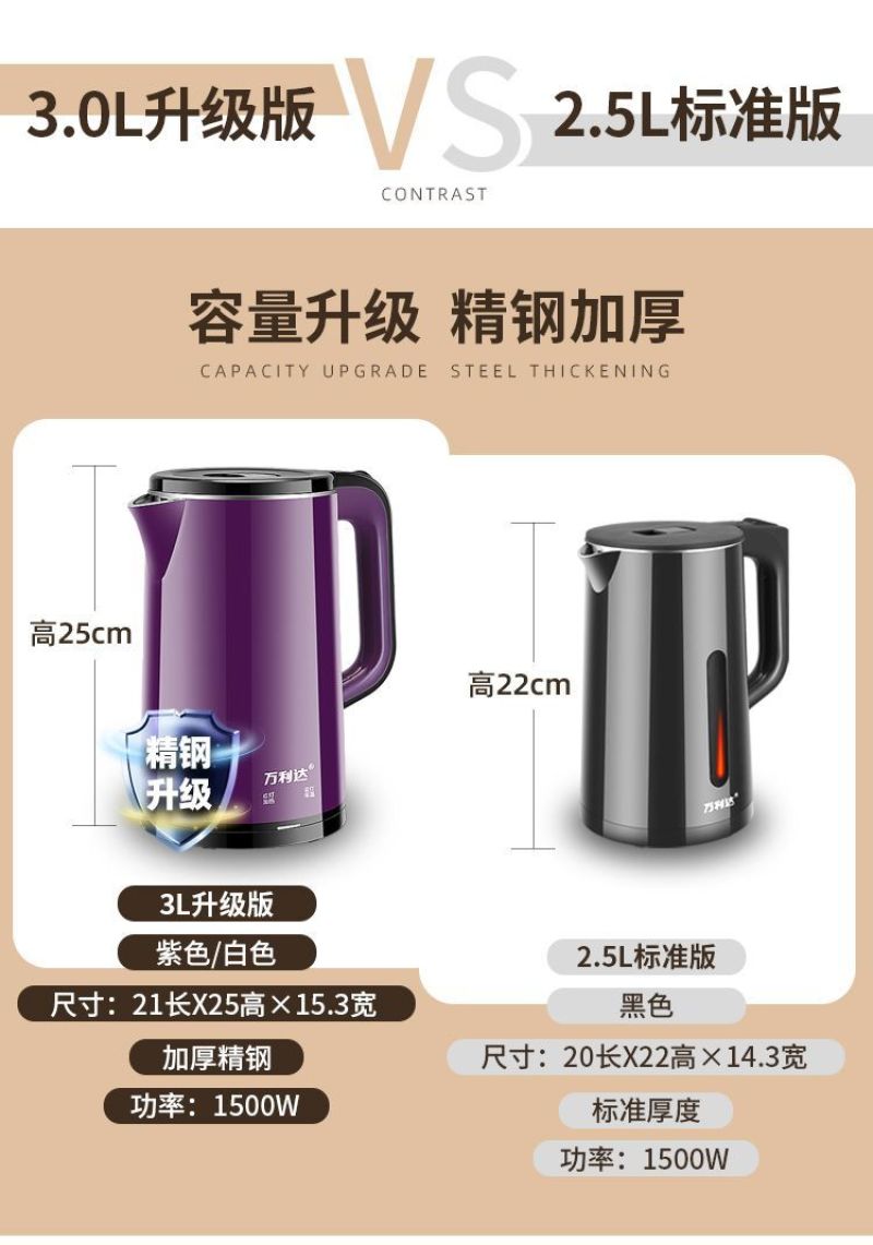 万利达电热水壶烧水壶家用防烫自动断电大容量保温热水壶开水