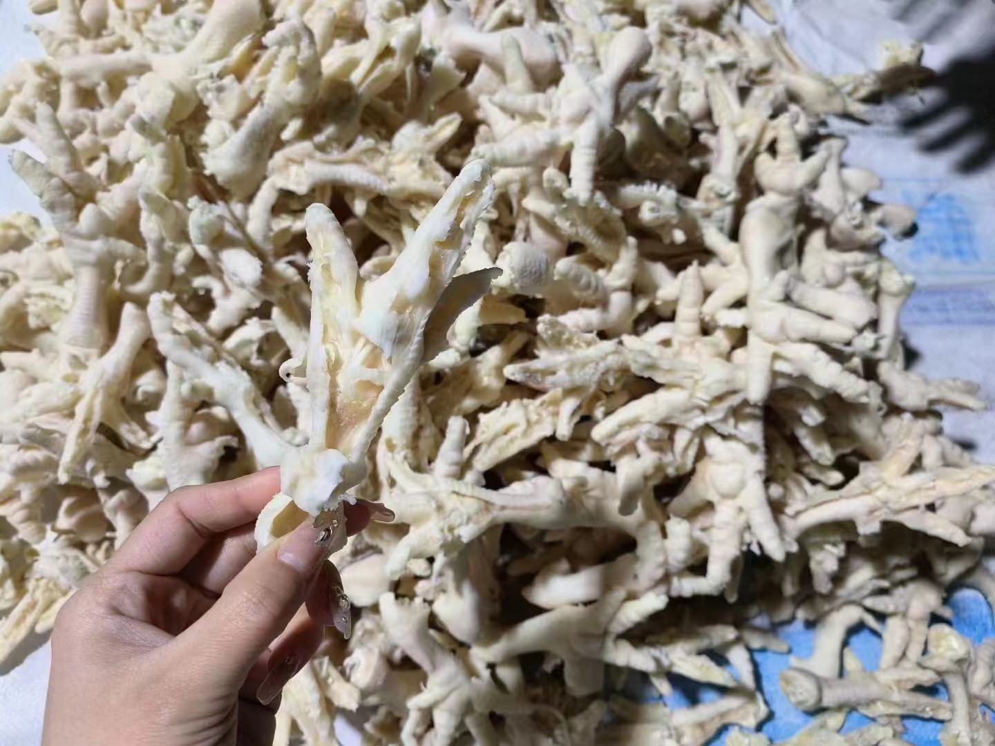 新鲜鸡爪整齐摆放在白色瓷盘中,旁边放有厨房剪刀正在修剪指甲部位,背景为清水冲洗场景,突出食材清洁过程 鸡爪清洗与剪指甲特写
