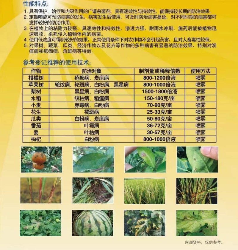 36%甲基硫菌灵，治疗：叶斑病，炭疽病，黑星病，疫病等