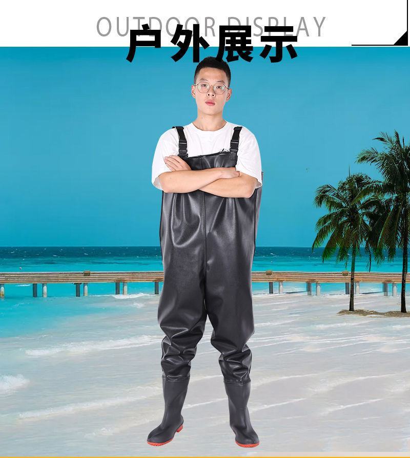 下水裤半身雨裤防水衣服男抓捕鱼连体全身渔皮叉水衩裤子加厚