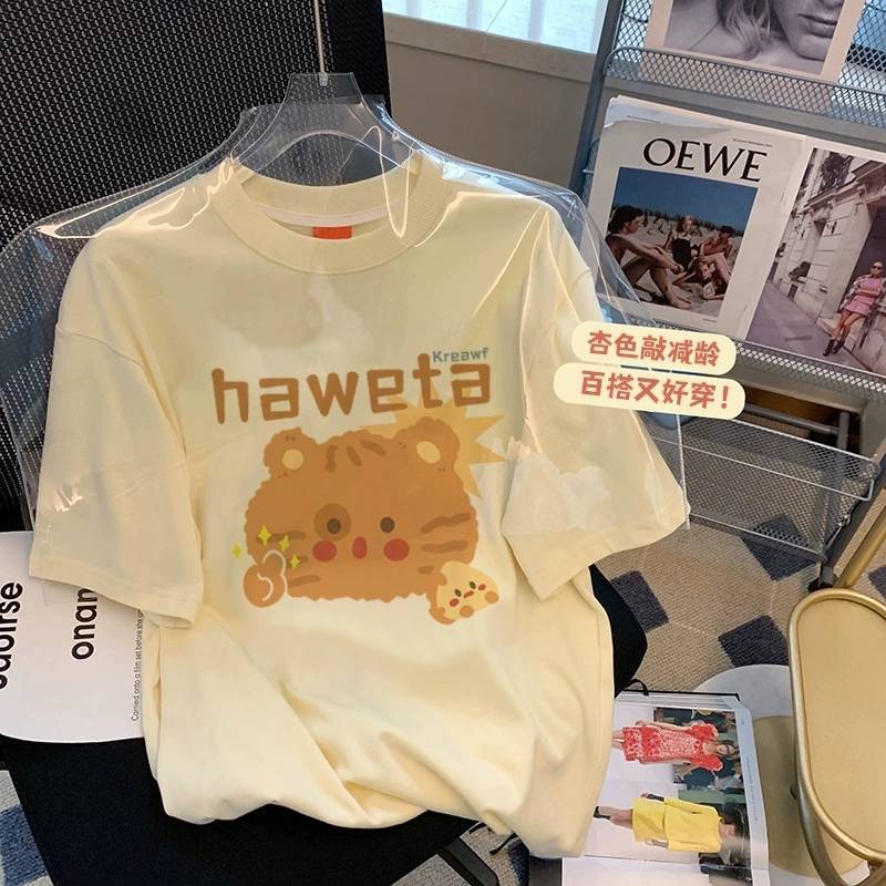2023新款时尚短袖t恤女中国风印花ins宽松显瘦圆领