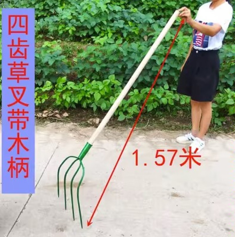 全钢实心草叉子四齿五齿粪叉加大号钢叉农用开荒叉子加粗铁齿