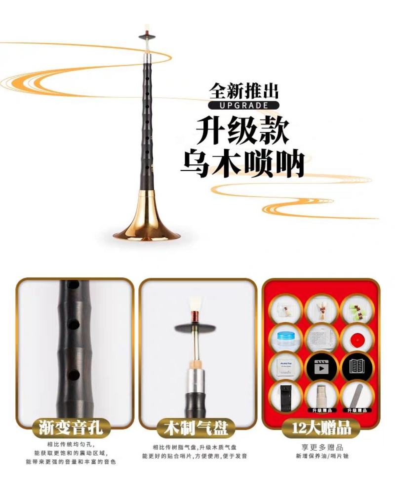 新艺演奏专业乌木唢呐乐器全套d调D调初学者入门小号喇叭哨