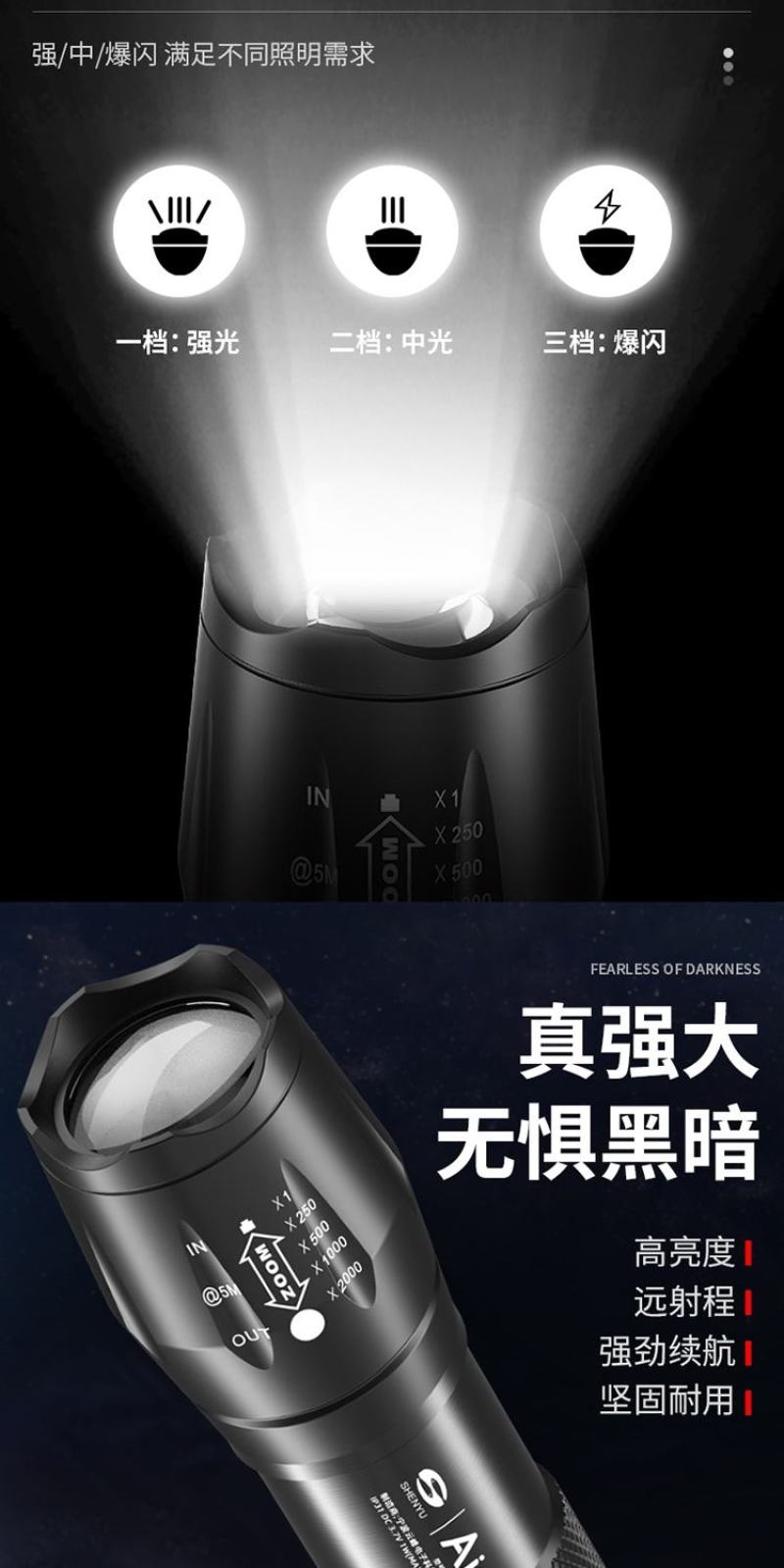手电筒强光充电超亮耐用远射家用户外小便携疝气迷你超长续航
