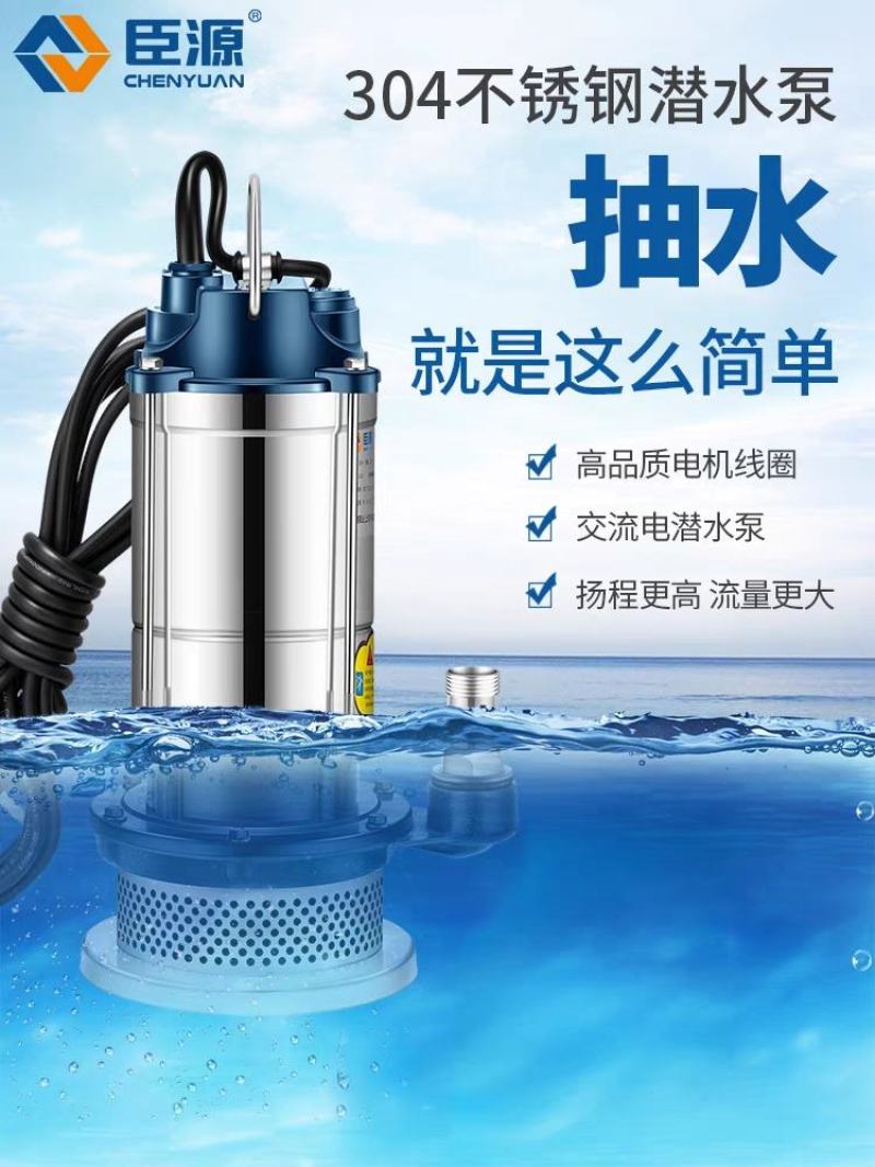 臣源潜水泵220V家用小型不锈钢井水高扬程抽水机农用灌溉
