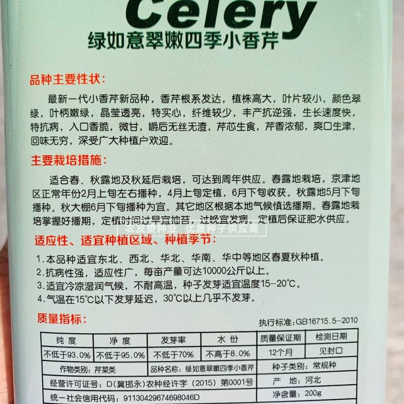 绿如意翠嫩四季小香芹种子芹香浓郁抗病抗倒特实心芹菜种子