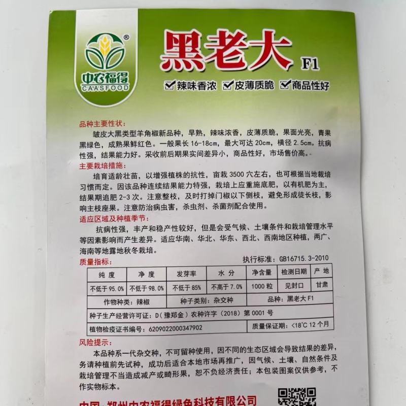 大黑108皱皮辣椒种子皮薄质脆辣味香浓大果黑绿皮大田用