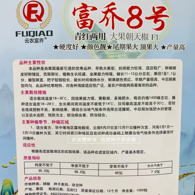 富乔8号大果朝天椒种子滑皮早熟青红两用朝天椒种子硬度好