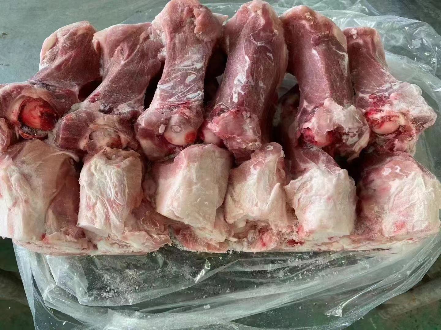专业食材对比图:左半区展示带荚鲜毛豆实物,豆荚长度约6–8cm,表面覆盖薄层白色蜡质霜,形态笔直饱满无萎蔫;右半区为新鲜猪后腿筒骨横截面,骨皮厚度≥4mm,呈均匀米白色,截面中央为直径1.8–2.2cm圆形骨髓腔,腔内充盈鲜红色骨髓组织,边缘可见清晰骨小梁结构 毛豆与筒骨原料对比图:左侧为带荚鲜毛豆(青绿泛白霜,豆荚饱满鼓胀),右侧为截断猪后腿筒骨(骨皮厚实呈米白色,断面可见明显骨髓腔与红色骨髓)