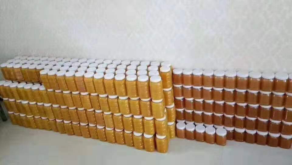 一张展示多种蜂蜜瓶装样品的图片,包括洋槐蜜、荞麦蜜、蜂王浆蜂蜜等,背景为木质餐桌,旁边放置一勺蜂蜜和一杯温水,突出不同蜂蜜颜色差异 蜂蜜种类对比图