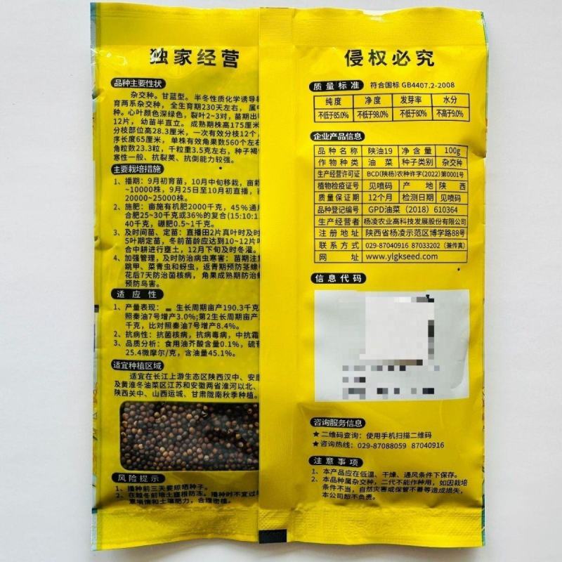 陕油19号油菜籽种子陕西油菜花种籽榨油香非转基因油菜种子