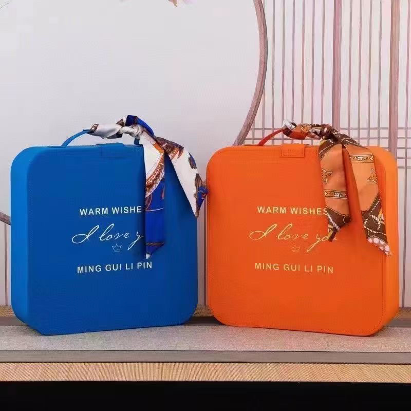 克莱因蓝&爱马仕橙手提皮盒丝巾款，中药材礼盒，货品齐全