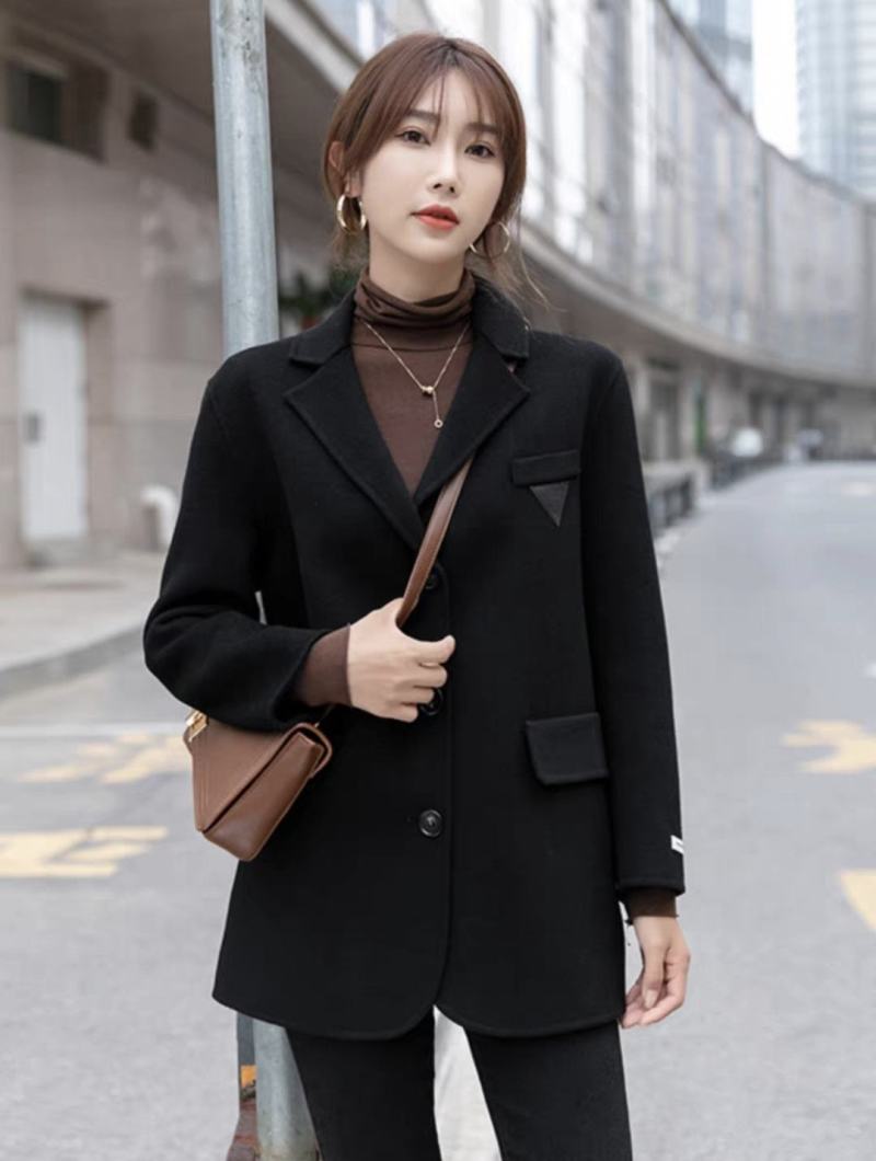 黑色双面羊绒大衣女小个子2023秋冬新款西装毛呢外套短款