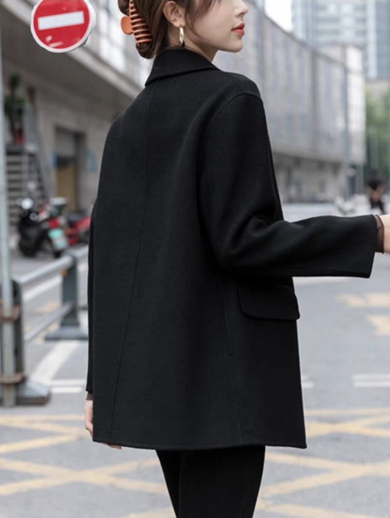 黑色双面羊绒大衣女小个子2023秋冬新款西装毛呢外套短款
