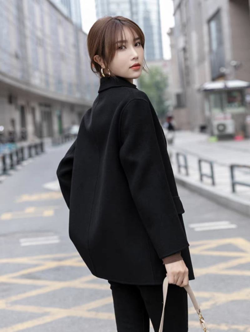 黑色双面羊绒大衣女小个子2023秋冬新款西装毛呢外套短款
