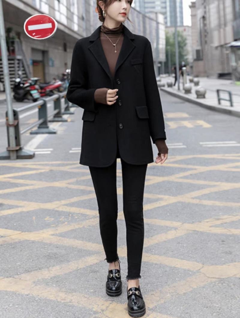 黑色双面羊绒大衣女小个子2023秋冬新款西装毛呢外套短款