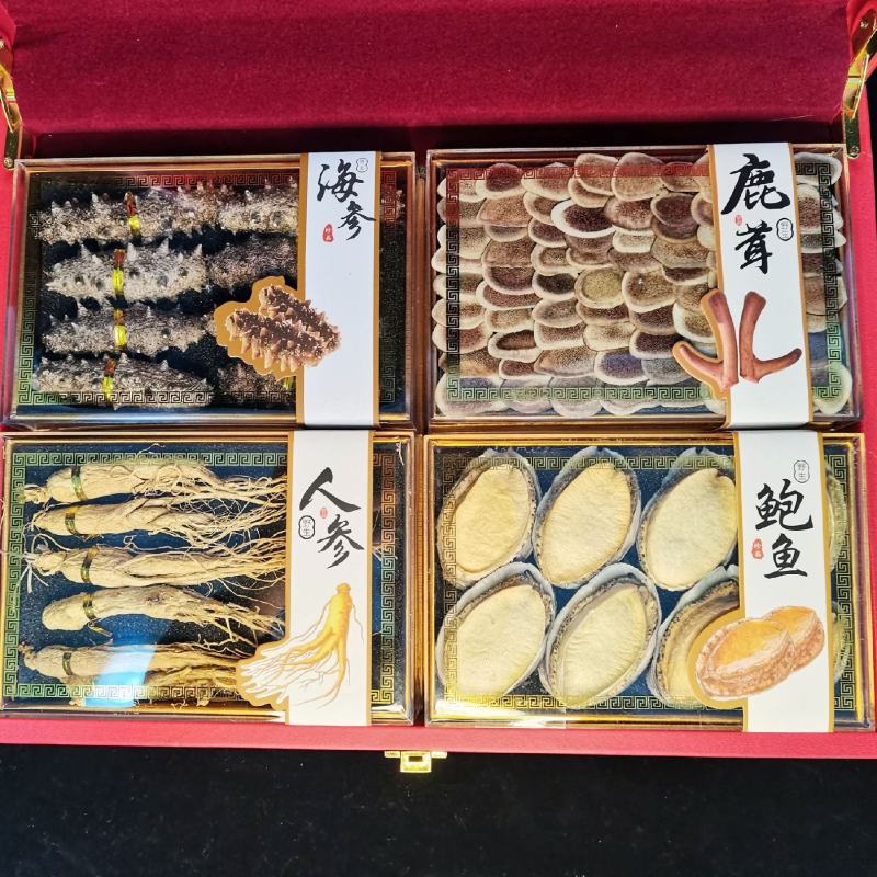 4拼，淡干海参鲍鱼人参鱼胶鹿茸干货山珍海味礼盒批发