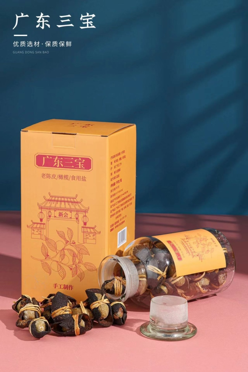 批发广东新会三宝扎陈皮扎橄榄礼盒装500g