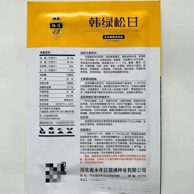 甘蓝种子韩绿松甘水果甘蓝种子松球黄芯耐寒耐热抗病甜脆甘蓝