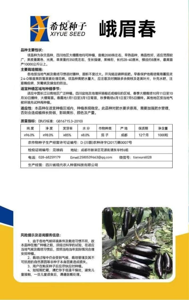 茄子种子峨眉春品质型烧烤茄果型靓颜色黑亮产量高抗病强