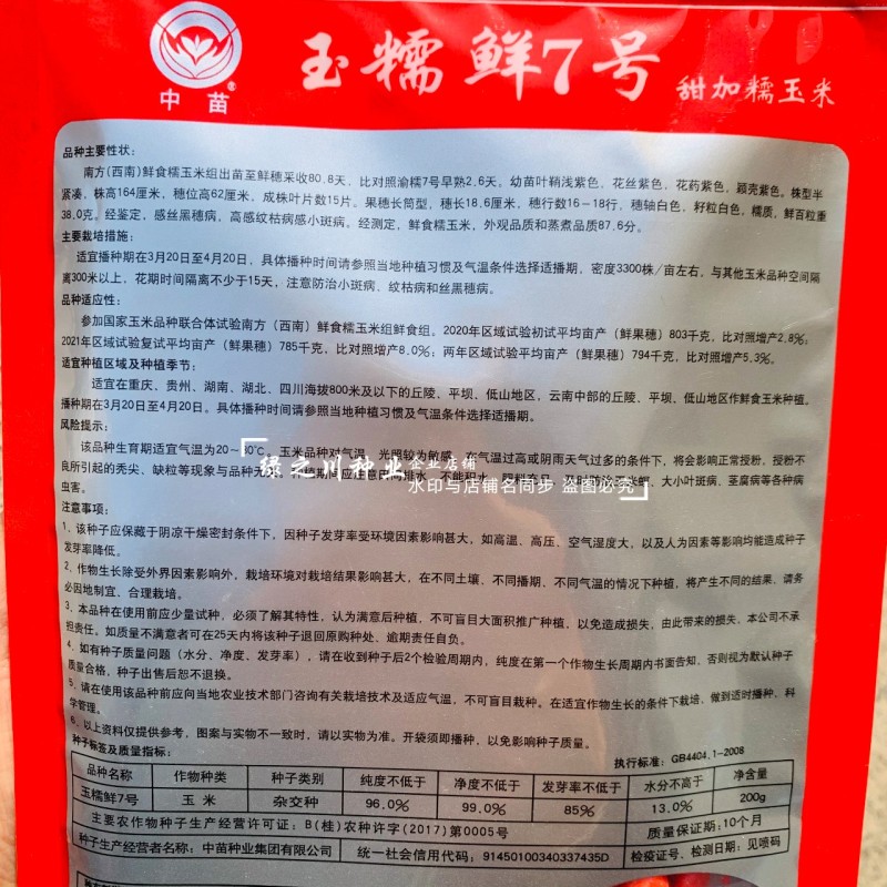 中苗玉米种玉糯鲜7号甜加糯玉米种子大棒高产矮杆白甜糯玉米