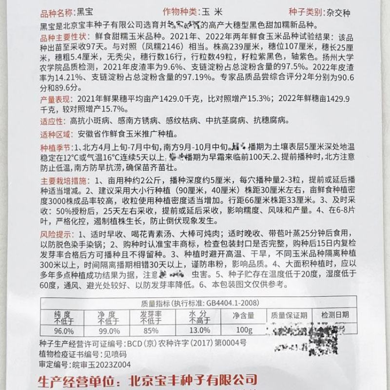 宝丰黑帝67黑宝黑紫甜糯玉米种子绿皮大棒甜味糯黑玉米种