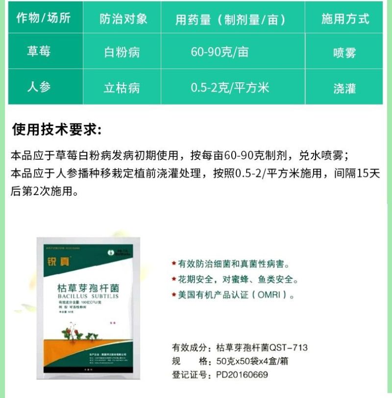 拜沃锐真枯草芽孢杆菌草莓白粉病人参立枯病土传根部病害杀