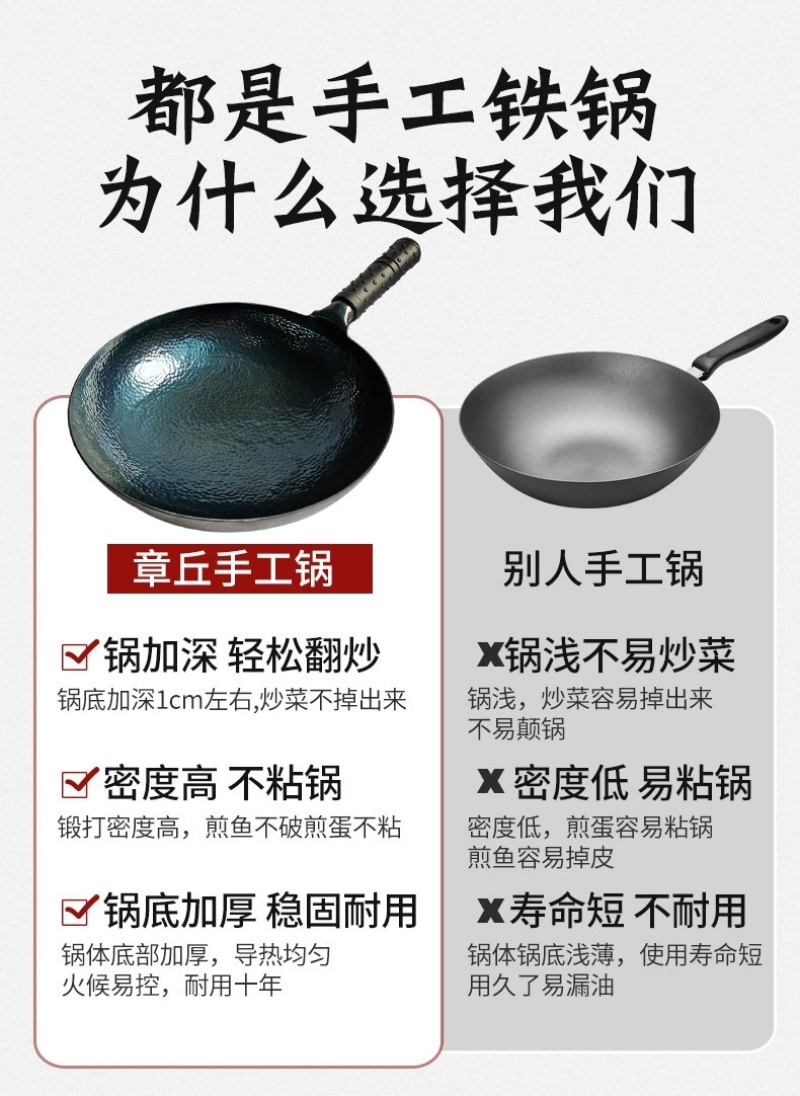 章丘手工锻打老式无涂层不粘锅镜面款炒锅