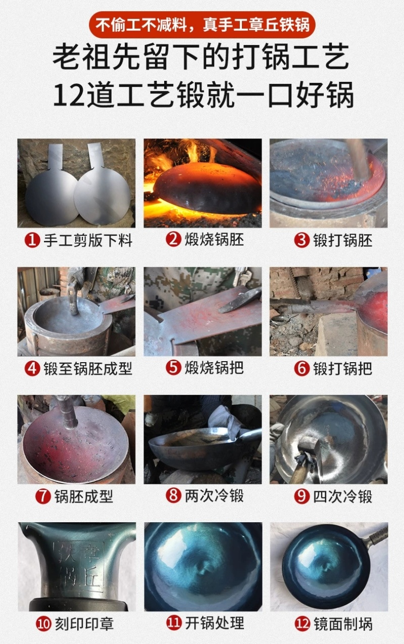 章丘手工锻打老式无涂层不粘锅镜面款炒锅