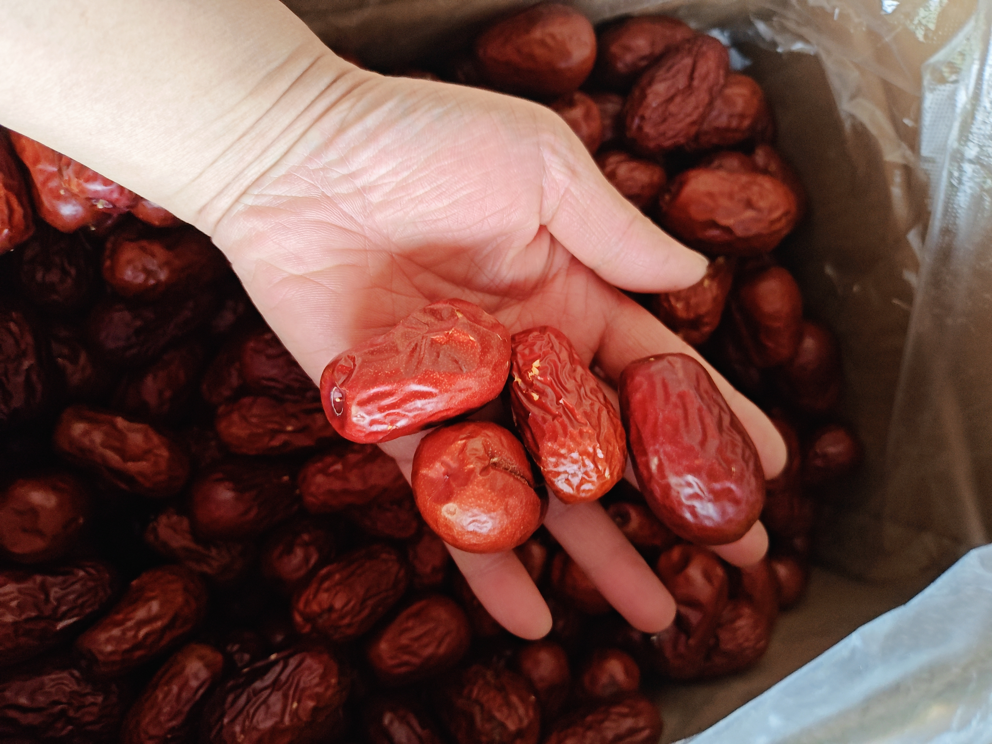 一张拼贴风格图片,包含四个小场景:左上角为玻璃罐装红枣干放在厨房台面上;右上角为红枣片落入茶杯中准备泡水;左下角为红枣干加入正在搅拌的粥锅;右下角为一只手正从密封袋中取出几片红枣干放入嘴里,背景温暖明亮,传递健康生活的理念 红枣干多种食用场景组合图