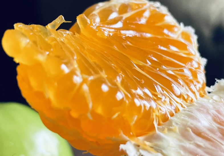 柑桔果肉特写,展示其丰富的汁液与果粒结构 柑桔切开果肉特写