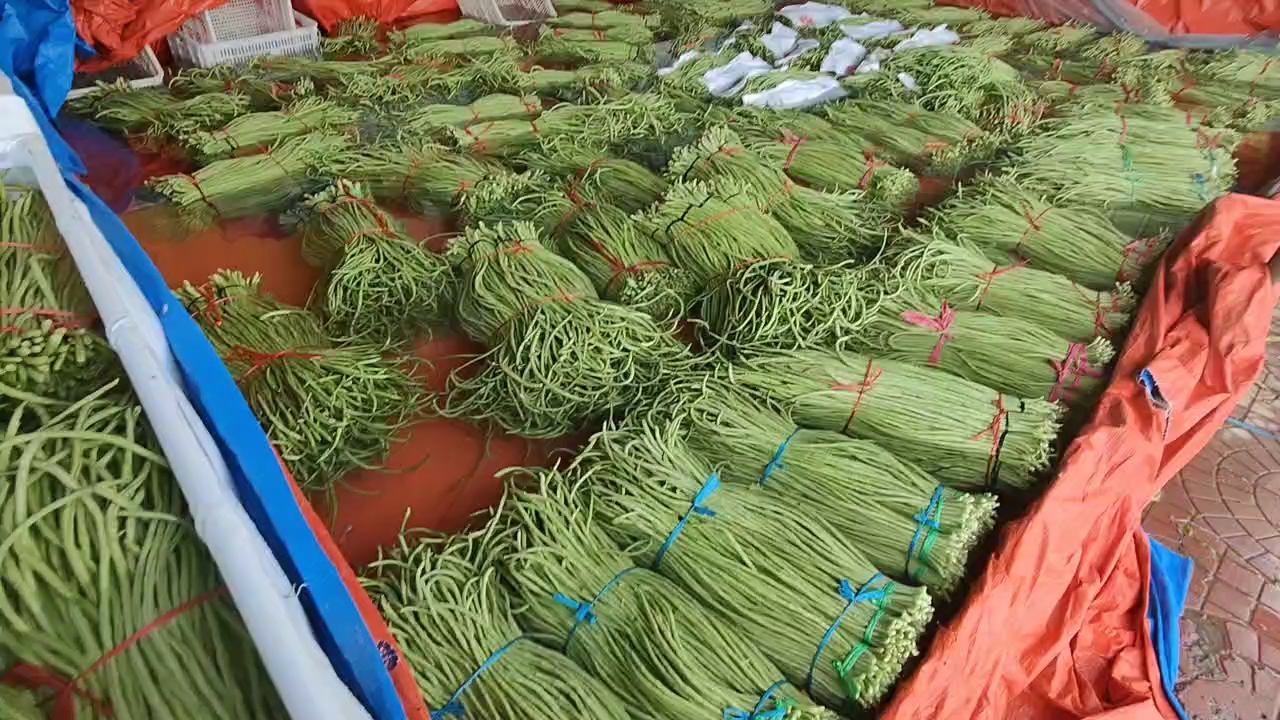 豆角在菜市场中被分类摆放