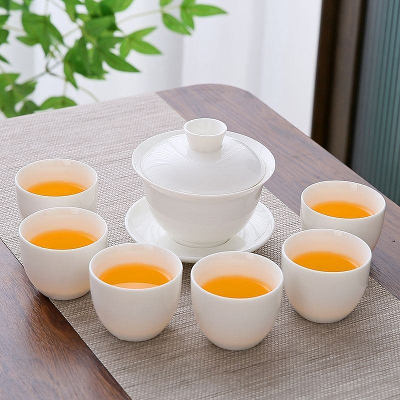 高档羊脂玉陶瓷茶具盖碗套装功夫茶具送礼家用办公整套茶德化