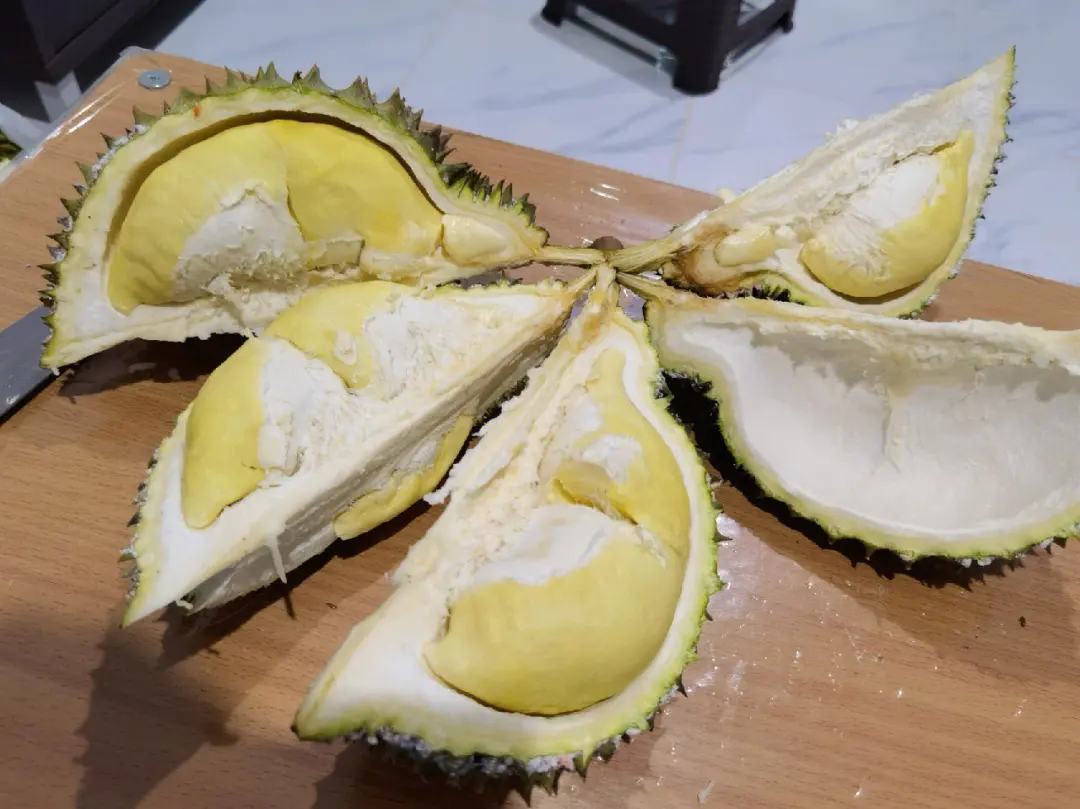 一位消费者戴着一次性手套,正在将鼻子靠近一个切开部分外皮的泰国金枕榴莲果柄位置进行嗅闻,背景为水果摊位,突出‘闻果柄辨成熟’的操作细节 气味检测示意图