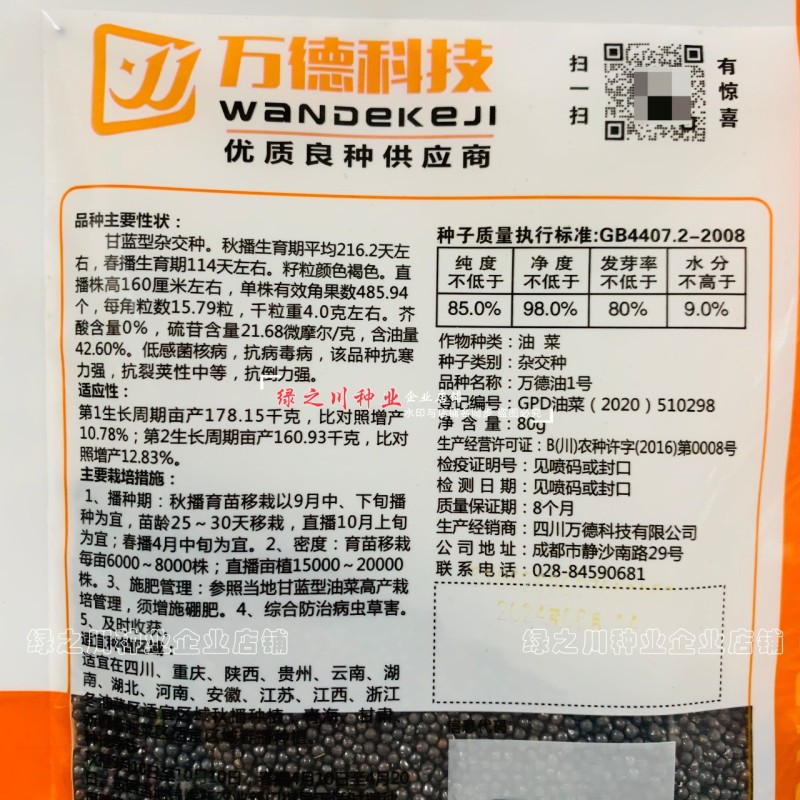 万德油1号油菜籽种子矮杆荚多优质浓香型油菜种子出油高抗寒