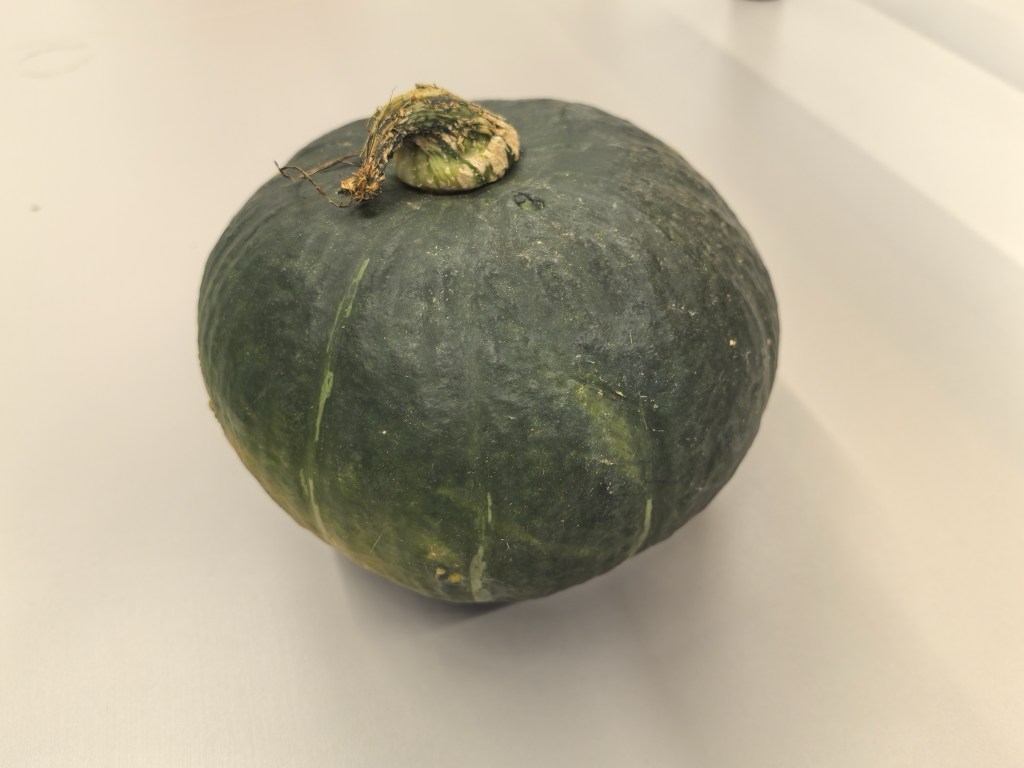 一个中等大小的绿皮板栗南瓜,呈扁圆形,外皮为深墨绿色,表面光滑无斑点,瓜蒂部分完整干燥,背景为自然木质厨房台面,光线柔和,突出南瓜的新鲜质感 绿皮板栗南瓜整体外观特写