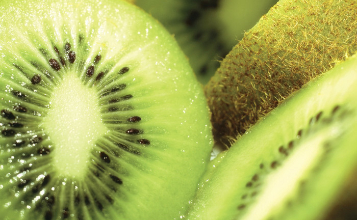 猕猴桃切片展示其内部绿色果肉与黑色种子