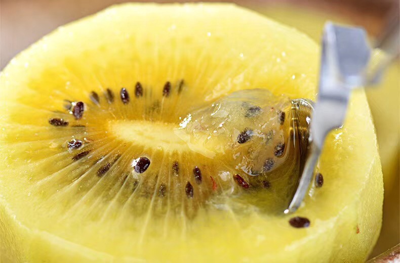 切开的猕猴桃展示其内部金黄色果肉与黑色种子 猕猴桃切开展示果肉