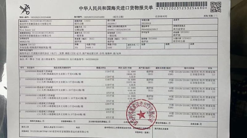 俄罗斯进口蒲公英蜂蜜一件代发带报关单检测报告，包邮包售后