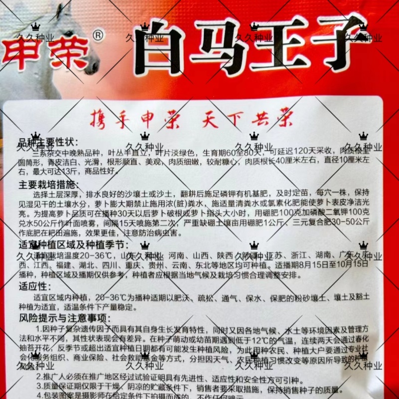 申荣白马王子白萝卜种子三系杂交中晚熟耐糠心秋冬季