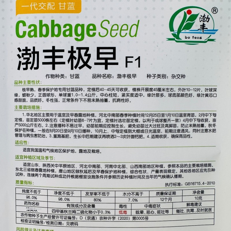 渤丰极早包菜种籽甜脆黄芯甘蓝种子早熟耐寒蔬菜春秋保护地