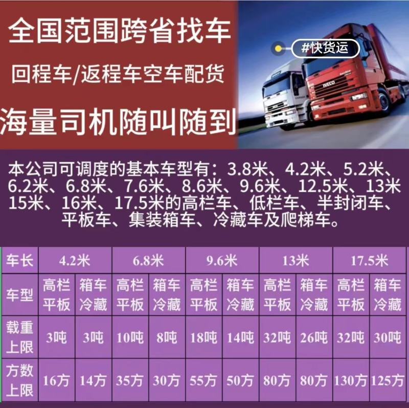 承接全国往返货物运输，各种车型齐全，期待你的合作