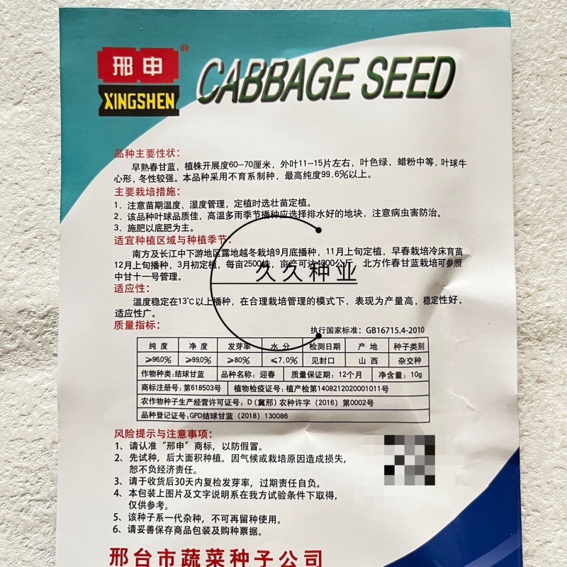 邢申迎春牛心甘蓝种子早熟10g尖圆形春秋种植个球大