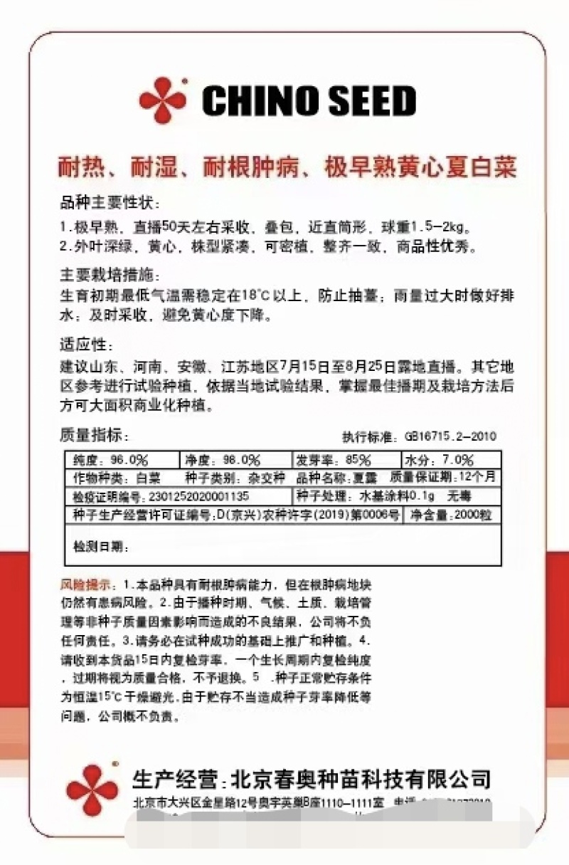 CR夏露夏季黄心大白菜种子可密植整齐一致商品性强耐根肿病