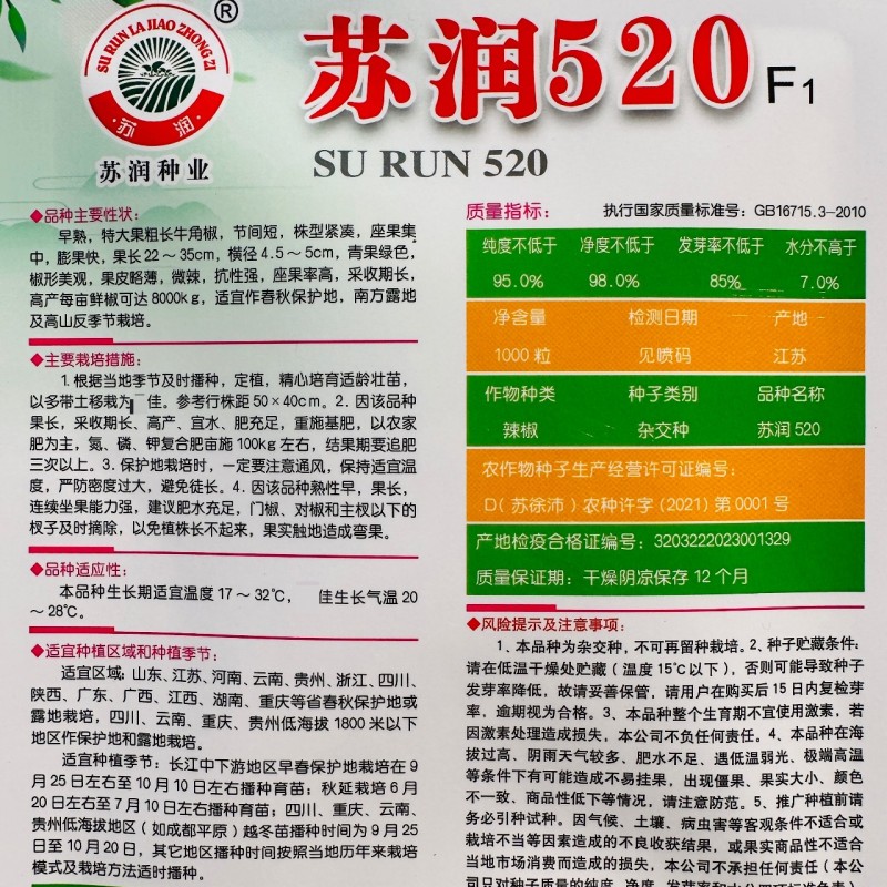 苏润520早熟高产特大果牛角椒种子辣椒种子大青椒种籽微辣