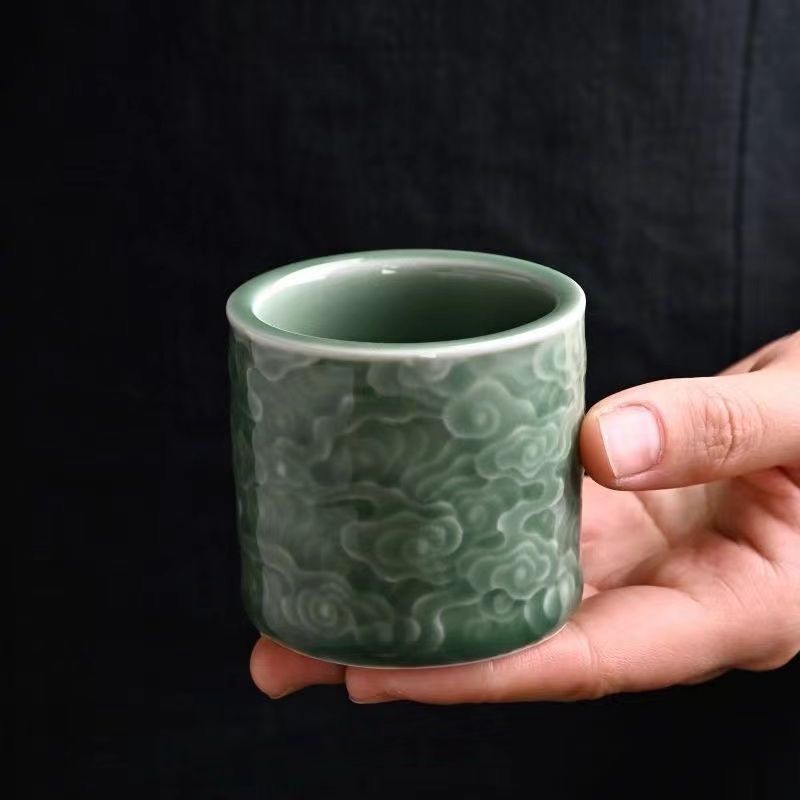 (1个包邮)玉上祥云主人杯单杯复古越窑青瓷茶具茶