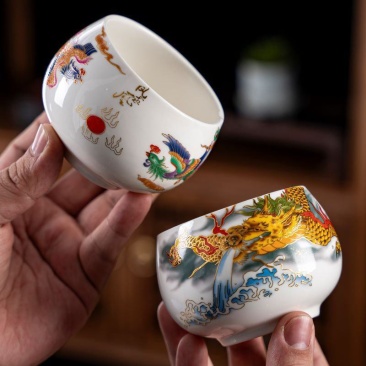 【新品包邮】龙年鸿运鸿龙凤凰杯茶盏龙纹陶瓷主人杯白