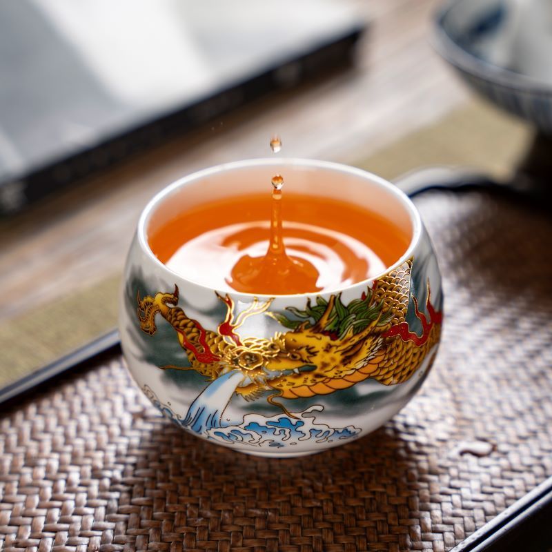 【新品包邮】龙年鸿运鸿龙凤凰杯茶盏龙纹陶瓷主人杯白