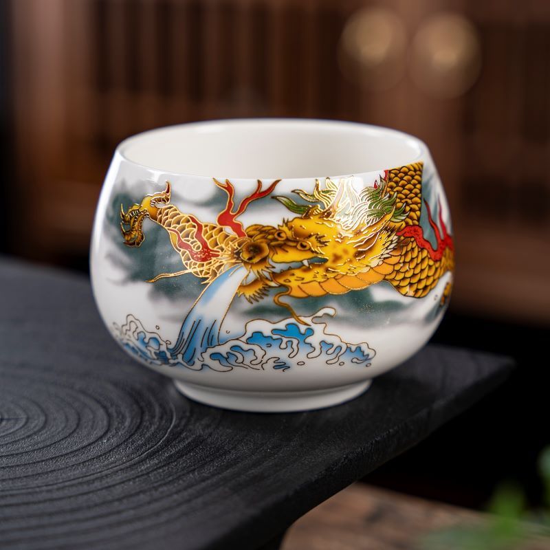 【新品包邮】龙年鸿运鸿龙凤凰杯茶盏龙纹陶瓷主人杯白